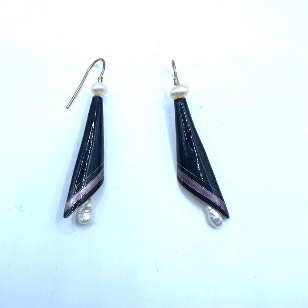 925 Black Enamel Purple White Freshwater Pearl Dangle Earring Jewelry S925